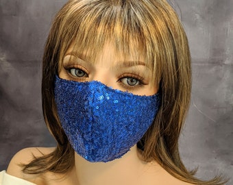 Blue Washable Reusable Triple Layer Face Mask Beautiful Mask Elegant Mask Elegant Face Mask Blue Sequins Beauty Made in USA Gift for Her