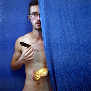 All the beauty is Blue, Man Male Portrait, Vintage Hasselblad Analogue Camera. Medium Format Color Film, Symbolism Surreal Art Photography