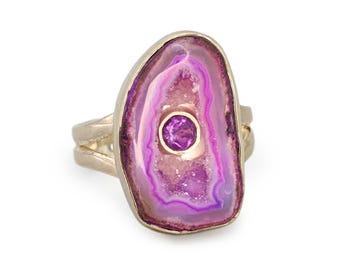 Ring For Woman Size 8.75, Sterling Silver With Lavender Drusy Quartz And A Faceted Amethyst, Avant Garde Modern Jewelry
