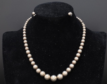 Mid Century Graduated Ball Beads Jewelry Set, Beaded Necklace And Small Stud Earrings, 925 Sterling Silver, Retro Fashion Accessories