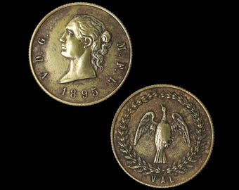 Antique Gay Maverick Val, Victorian Period Tokens Made Out Solid Brass Bronze Metal. Circulated Coin Exonumia, M. F. L. 1895 V. D. G.