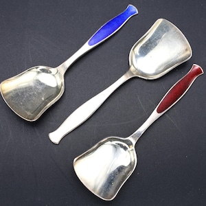 Denmark Guilloche And Sterling Silver Sugar Spoons, Group Of 3 Units, Scandinavian, Mid Century Cutlery Flatware Tableware Decor