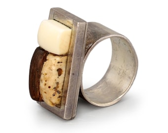 VERSIONS vintage Bague taille 3, design avant-gardiste, argent sterling et mosaïque, jaspe, ébène, bijoux tendance pour femme