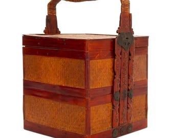 Vintage 1920s Chinese Bamboo Woven Two Tiered Wedding Basket, Floral Motifs Ornaments, Storage Case With Lid On Top, Dry Food Nuts Container