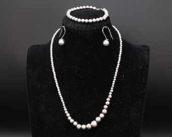 Mid Century Ball Beads Jewelry Set, Beaded Necklace And Bracelet, Dangle Earrings, 925 Sterling Silver, Retro Fashion Accessories, Woman