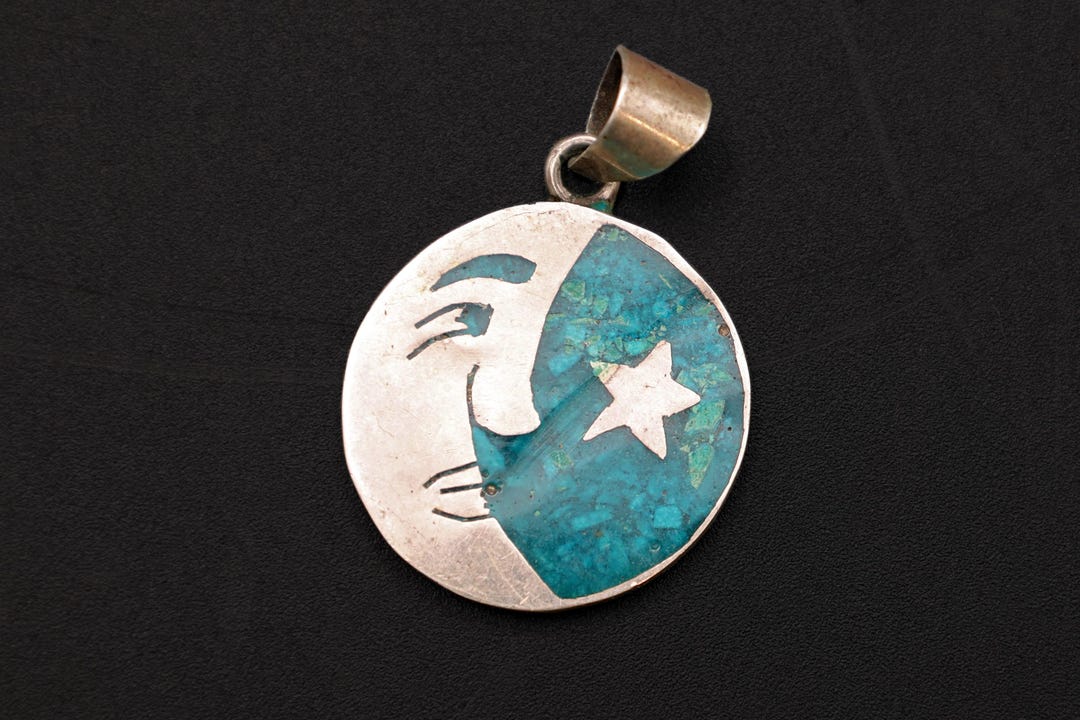 Crescent Moon and Star Pendant, Round Shaped Charm, 925 Sterling Silver ...