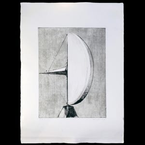 May include: Abstract black and white artwork on paper. The print features a geometric design with a half-circle and a triangular shape, set against a textured background. The artwork is mounted on a white paper with a rough edge.