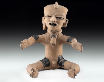 Ancient Pre Columbian Veracruz Pottery Male Sitting Figure, Remojadas Art Type 450 to 600 AD, Eastern Mexico, Thermoluminescence Tested