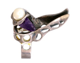 Bague brutaliste vintage, bijoux fantaisie faits main, argent sterling, améthyste et perle, bague sculpturale tendance pour femme