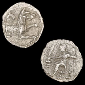 古代ローマ帝国、西暦3世紀、銀貨デナリウス。皇帝ゲタがカエサル