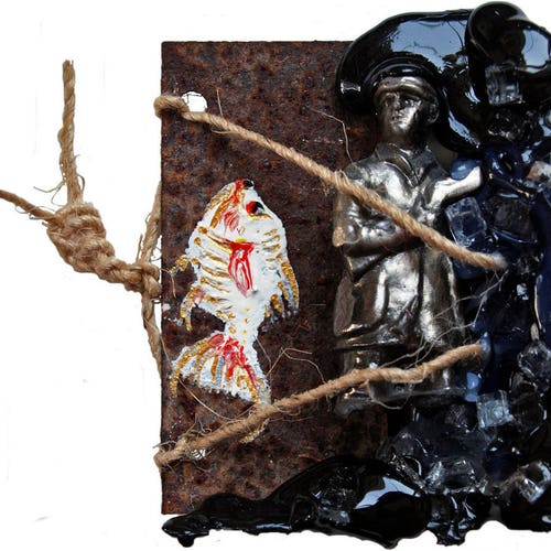 Fish sculpture, shops Mariner sailor portrait, Recycled artwork, coastal beach art, small wall decor, surreal home décor, vintage toys, trash art