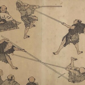 May include: An antique Japanese woodblock print depicting several figures engaged in a martial arts demonstration. The figures are shown in various poses, wielding long wooden staffs. The print has a muted color palette with brown and beige tones.