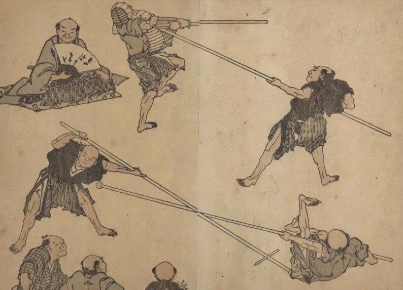 May include: An antique Japanese woodblock print depicting several figures engaged in a martial arts demonstration. The figures are shown in various poses, wielding long wooden staffs. The print has a muted color palette with brown and beige tones.