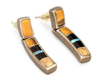 Vintage 1990s Multistone Mosaic Dangle Earrings, Zuni Native American Style Jewelry, 925 Sterling Silver And Jasper, Onyx, Opal