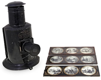 Antique 1864 GEM Magic Lantern Projector McAllister NY And Three Glass Slides With Three Vignettes Each Of Them, Unexcelled Bijou