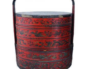 Antique Late 1800s Qing Dynasty Chinese Rice Bucket, Wooden Picnic Red Basket, Wedding Gifts, Hamper With Top Lid, Dry Food Nuts Container