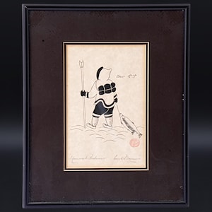 Homeward Fisherman, Vintage 1979 Inuit Art Lithograph, By Enook Manomie, Eskimo Canada First Nations, Hand Signed Print Artwork