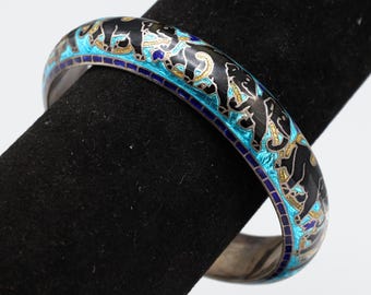 Vintage jaren 80-armband gemaakt van 925 zilver en kleurrijk email, olifanten en bloemmotief, boho-sieraden en mode-accessoires