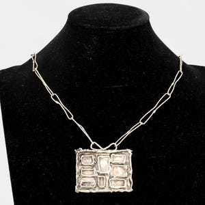 Vintage 1980s Brutalist Pendant Necklace, 835 Silver, Completely Handmade Jewelry, Odd Handmade Clip Sterling Chain, Textured Silver Loaf