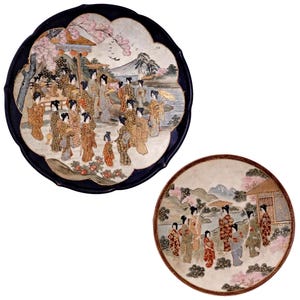 Antik Anfang des 20.Jahrhunderts Meiji und Taisho Epochen Japan, Ein Paar Satsuma Zierteller, Shimazu Wappen, beide signiert