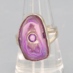 Avant Garde Ring For Woman And Size 8.75, Sterling Silver With Lavender Druzy Quartz And A Faceted Amethyst, Modern Jewelry
