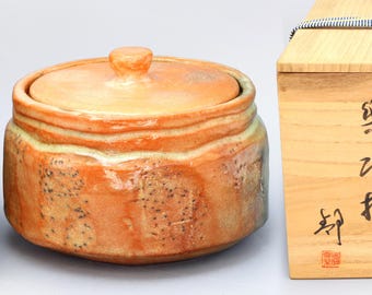 Vintage 1970s Japanese Pottery Glazed Mizusashi Water Container For Tea Ceremony, Shizuka Saito, Asia Japan, Oriental Home Decor, Feng Shui