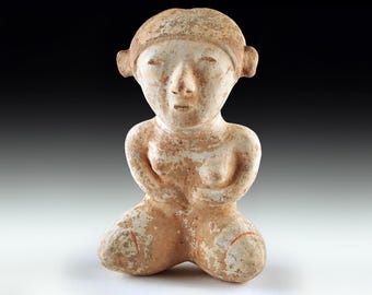 Ancient Pre Columbian Nayarit Pottery Female Sitting Figure, Chinesco Type 300 BCE to 300 AD, West Mexico, Mesoamerican Tomb Burial Art