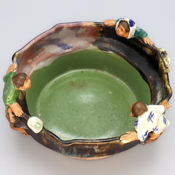 Antique Early 20th Century Japanese Sumida Gawa Drip Pottery Bowl
