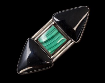 Broche de Lorenzo Smith en plata de ley con ónix negro y malaquita verde, sello Navajo, joyería de moda americana del suroeste, vintage
