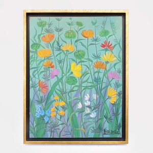 Bibi Zogbe, óleo sobre cartón, «Desde mi jardín», firmada. Artista libanesa-argentina.