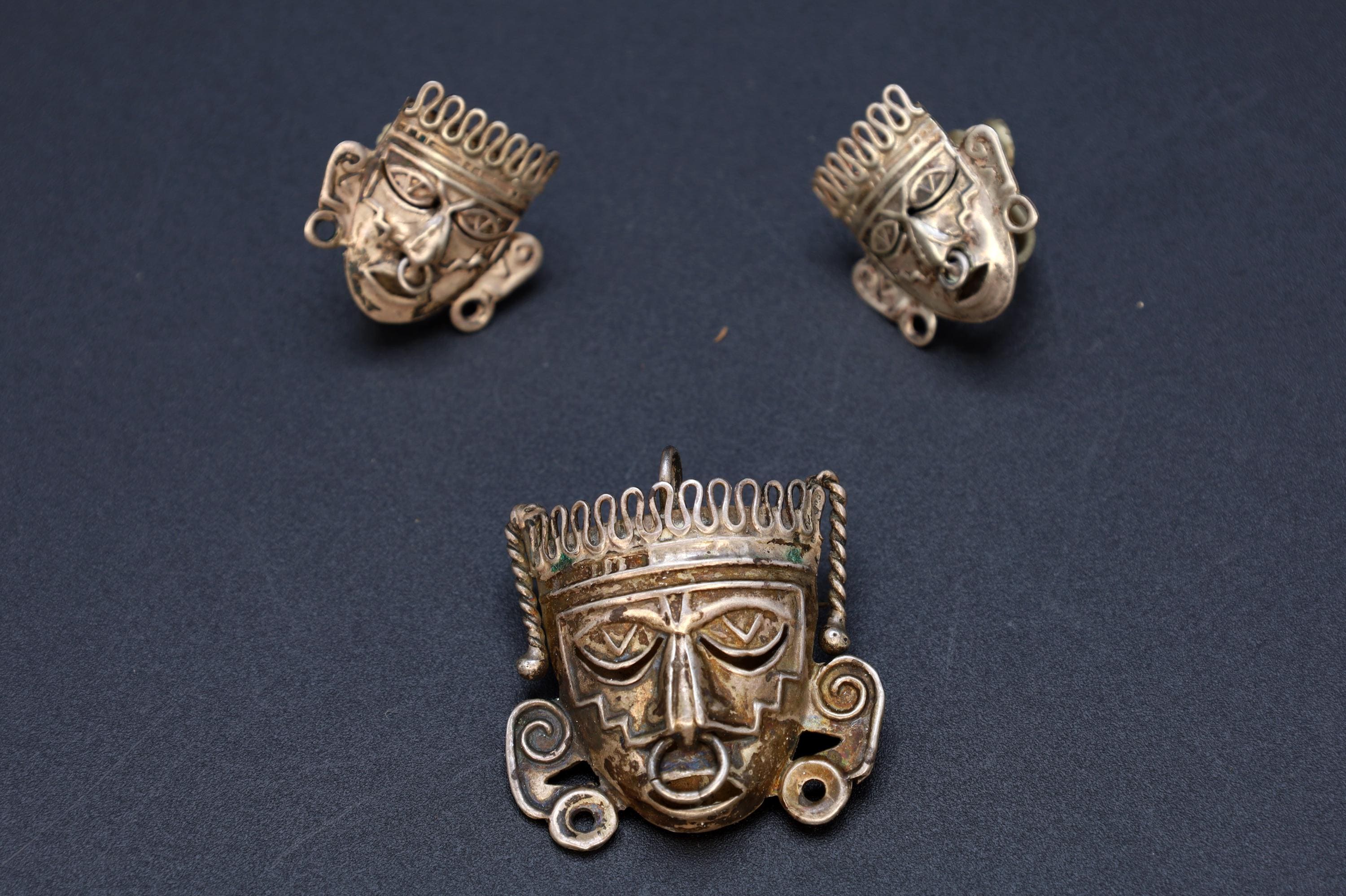 Taxco Mexico Jewelry Set, Pendant Brooch and Matching Earrings