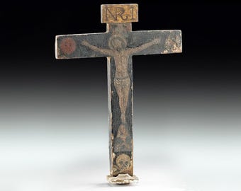 Late 19th Century Catholic Standing Crucifixion, The Holy Cross Of Souls, Cruz De Las Animas, Painted Wood Ex Voto, Mexican Religious Art
