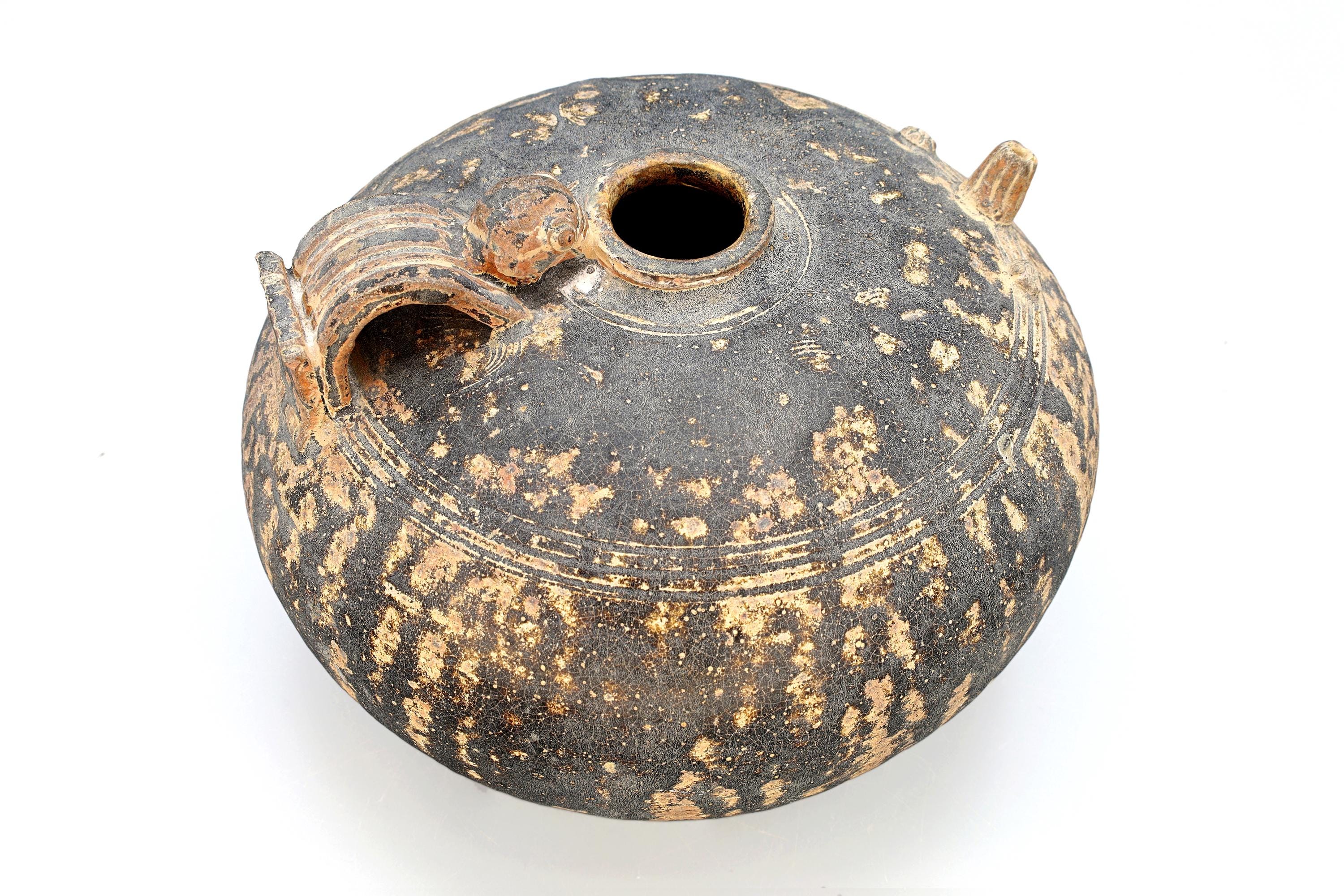 Antique Khmer Brown Glazed Compressed Ewer With Loop Handle, Late