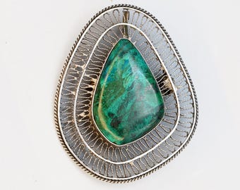Vintage 1950s Israel, Sterling Silver And Eilat Stone Pendant Brooch, Cannetille Wirework, Middle East Jewelry, Fashion Accessories
