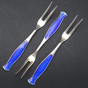 Einar Dragsted Denmark Guilloche And Sterling Cocktail Forks, Scandinavian, Mid Century Cutlery, Danish Flatware Tableware And Hors D&#39;Oeuvre
