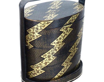 Antique 1900s Japan Meiji Bento Lacquer Wooden Box With Three Tiers, Black And Gold, Storage Hamper With Top Lid, Dry Food Nuts Container