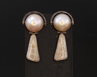 Vintage Dangle Earrings By Kim Cevora, Jasper Fossil Coral And Round Large Pearl Accents On 925 Silver, Hinged Sterling Settings, Jewelry