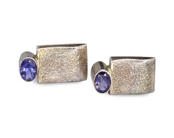Vintage Stud Earrings, 925 Sterling Silver And Faceted Amethyst Cabochons, Fashion Jewelry