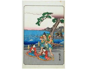 Utagawa Kunisada, Antique Taisho Era Ukiyo-e Color Woodblock Print On Washi Paper, The Soga Brothers, Oriental Arts, East Asian Collectibles