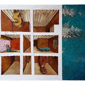 Réquiem por un sueño americano, pequeña pintura acrílica surrealista sin enmarcar, dibujos ingenuos de arquitectura, obras de arte multicolores sobre decoración del hogar de papel