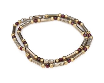 Modernist Bar Ball Chain Necklace, 925 Sterling Silver, Gold Wash And Pink Red Garnet, 16 inches Length Specialty Chain, Fashion Link Collar