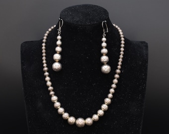 Mid Century Graduated Ball Beads Jewelry Set, A Beaded Necklace And Large Dangle Earrings, 925 Sterling Silver, Retro Fashion Accessories
