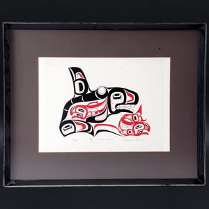 Killer Whale And Salmon Fish, Vintage Tsimshian Haida Art By Roxana Leask, Canada First Nations, Hand Signed Print Artwork