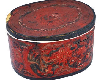 Antique Chinese Red Lacquer Lidded Hat Box, Large Size, Late Qing Dynasty 1890s Storage Case With Lid On Top, Dry Food Nuts Container