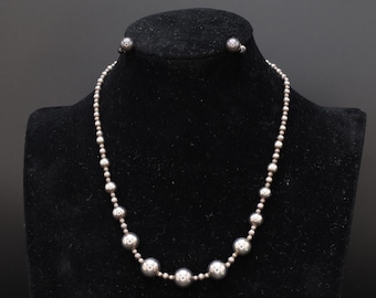 Mid Century Graduated Ball Beads Jewelry Set, Beaded Saturn Necklace And Stud Earrings, 925 Sterling Silver, Retro Fashion Accessories