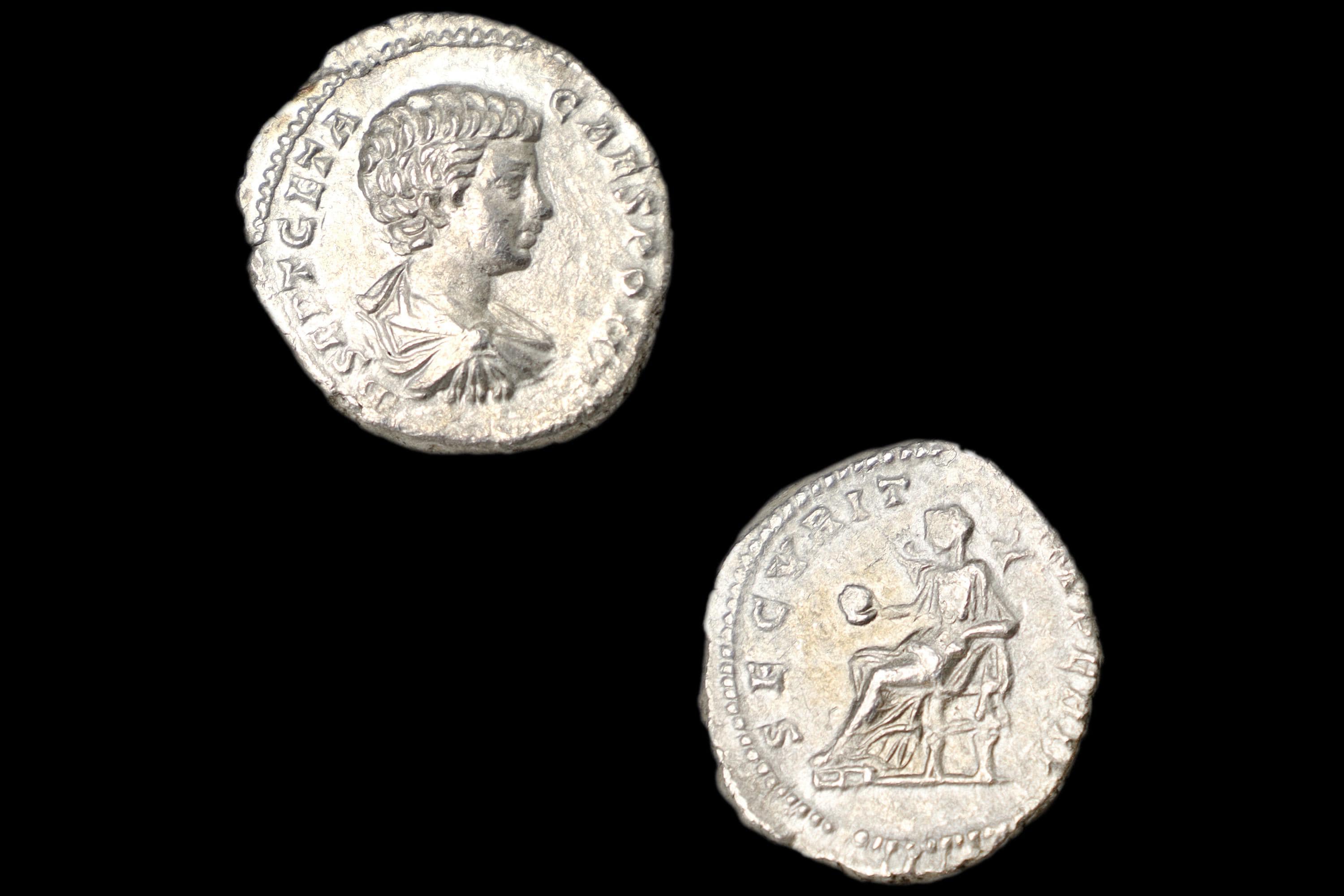 古代ローマ帝国、西暦3世紀、銀貨デナリウス。皇帝ゲタがカエサル