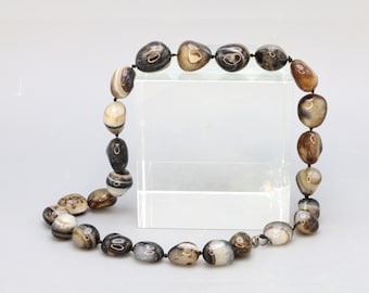 Turkish Banded Agate Beaded Necklace, Simple Starnd Of Free Form Beads, Knotted Necklace, Heavy Natural Stones, Fashion Accessories Jewelry