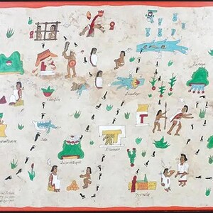 May include: A framed, hand-painted historical map with a red border. The map features colourful illustrations of figures, buildings, and symbols, with text in Spanish. The artwork has a vintage aesthetic, with a cream-coloured background and a variety of green, blue, and red elements.