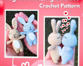 May include: A crochet pattern for making two magnetic kissing bunnies. The bunnies are crocheted in light blue and beige and have small black eyes. The pattern includes instructions for making the bunnies and attaching magnets to them.