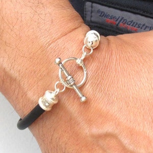 black rubber round cord bracelet 925 sterling silver toggle clasp bangle men new